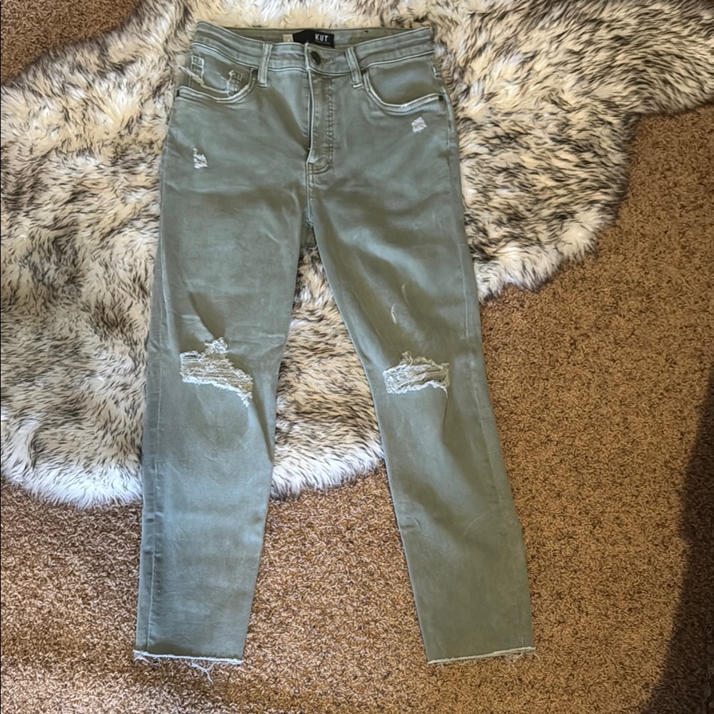 Kut from the Kloth Distressed Olive Green Raw Hem Straight Leg Cropped Jeans
